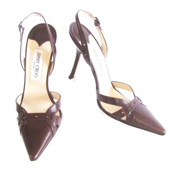 Jimmy Choo Brown Leather Pointy Toe High Heel Designer Singback 8.5 M - Picture 1 of 16